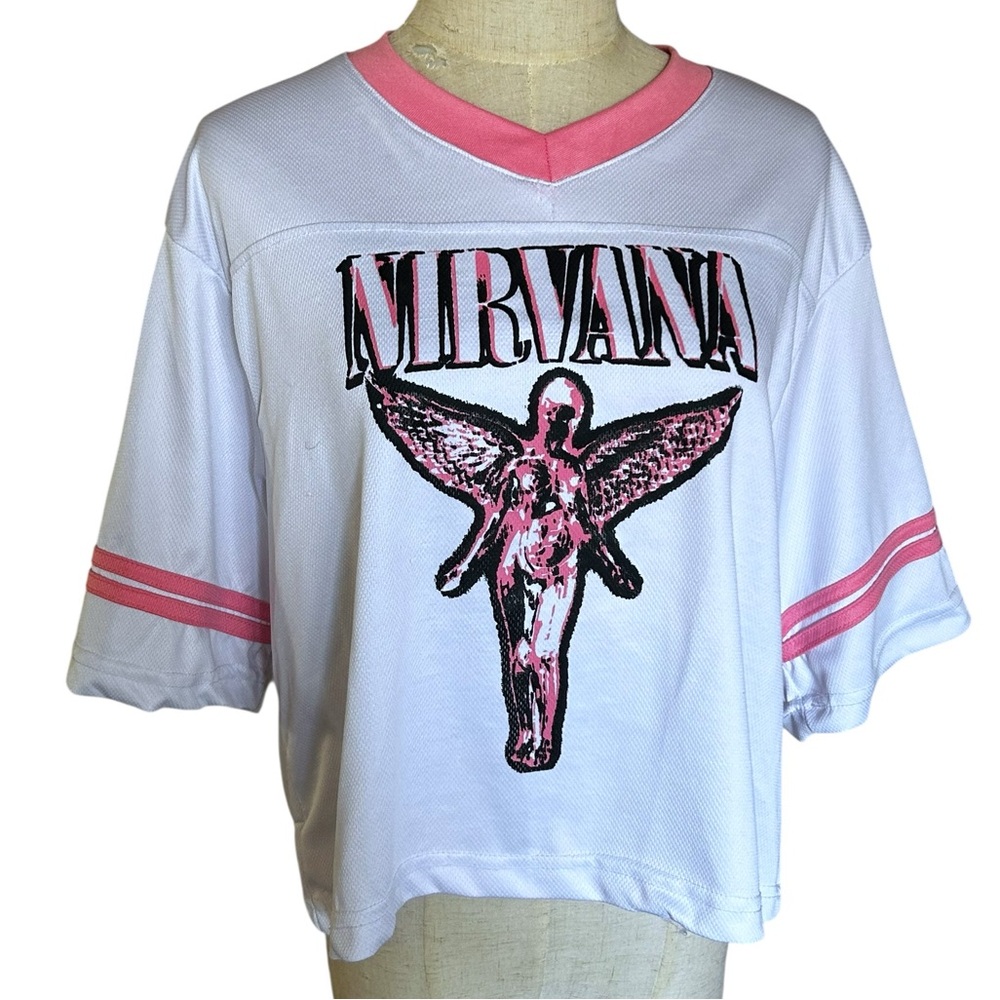 Nirvana Pink & White Mesh Graphic V-Neck Tee